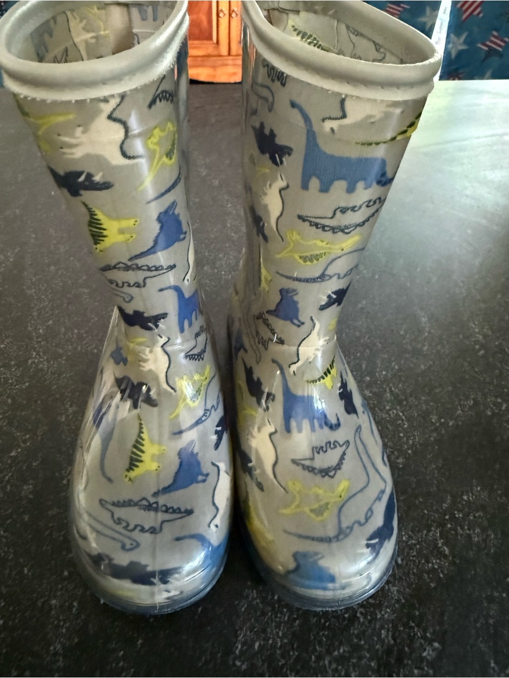 Carter's Gray Kids Rain Boots with Blue and Yellow Dinosaur Print